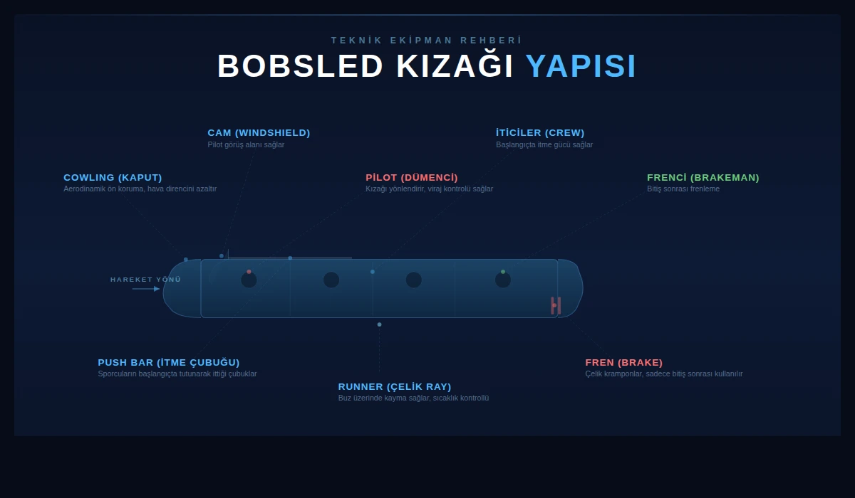 Bobsled kızağının cowling kaput cam pilot itici frenci push bar runner ve fren parçalarını gösteren teknik diyagram